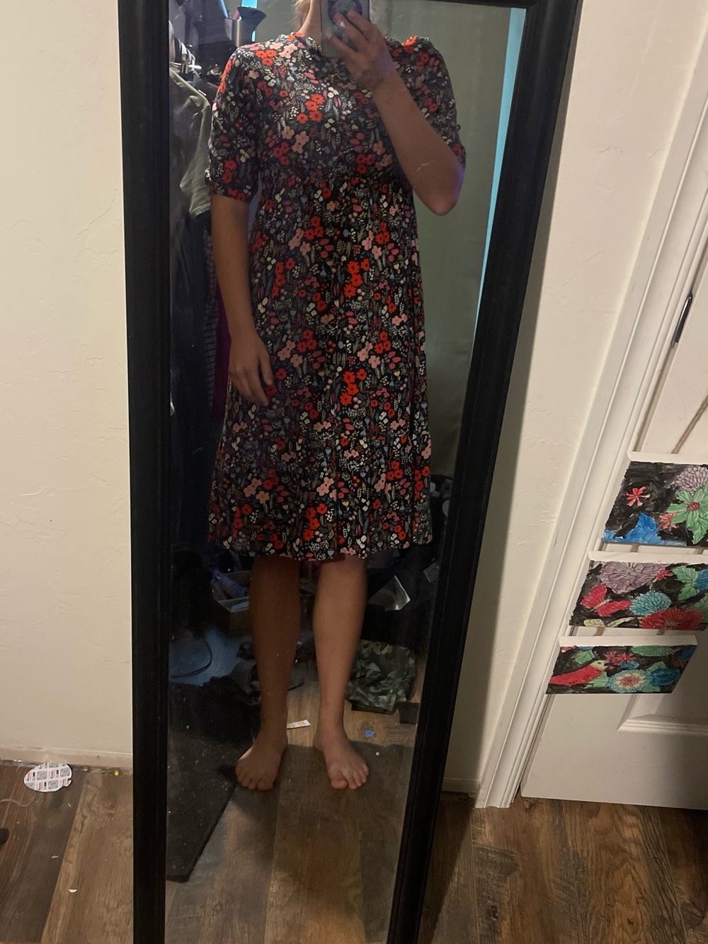 Floral Midi Dress in Black with Red & Pink Flowers